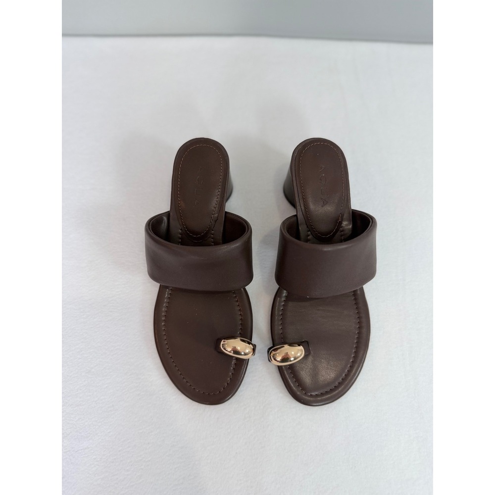 AQUA Avis Ashln Sandals Women 6.5 Brown Leather Gold Toe Ring Block Heel Classic